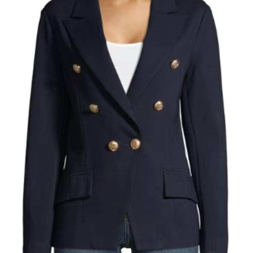 Stylish Navy Double-Breasted Gold Button Blazer by Attitude Unknown